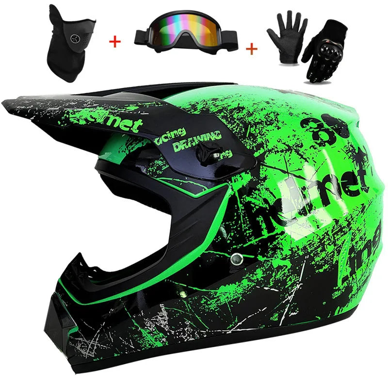 Kids Full Face Motorcycle Helmet, Youth Motocross Helmets, Off-Road Goggles, Cycling Protective Gloves