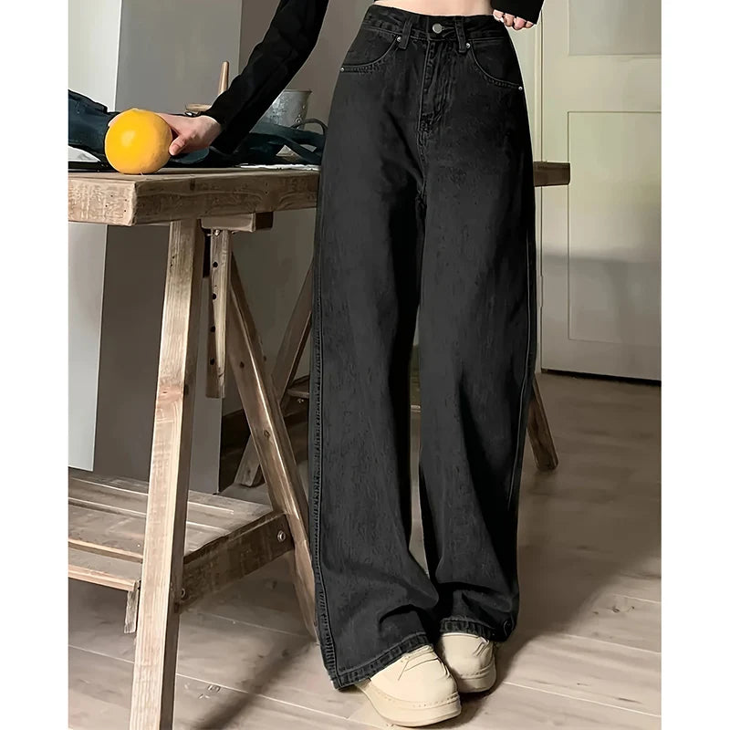 Pantalones vaqueros de mujer de talle alto, estilo urbano, de diseñador, de pierna ancha, gris clásico, gótico, de corte recto, moda