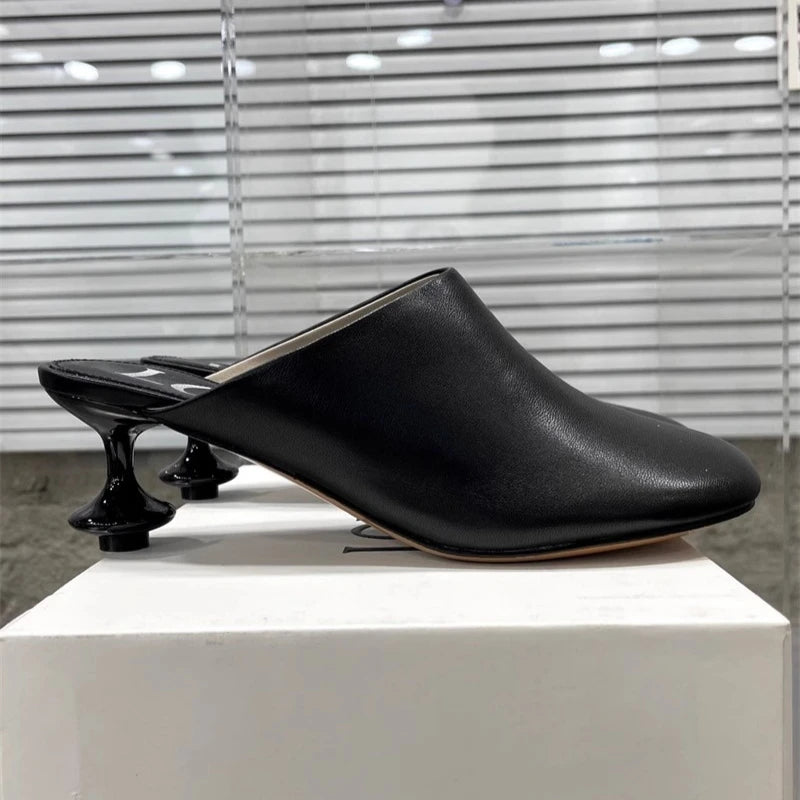 Pantoufles Bout Carré Mi-Talons Femme — Cuir Mule Élégante Printemps