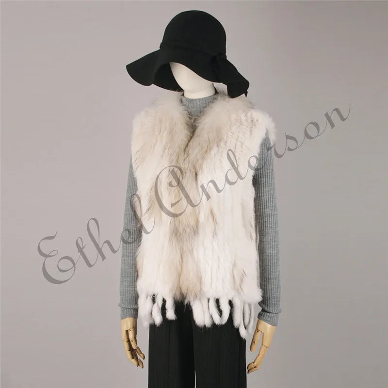 Gilet à glands en véritable fourrure de lapin tricoté — vintage, garniture fourrure raton laveur
