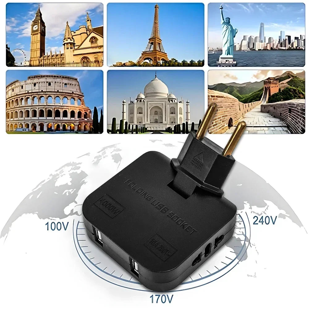 Convertidor de enchufe de la UE 4 en 1 de 180° Enchufe giratorio para carga de teléfono móvil, 2 USB y 2 tomas de corriente CA universales, adaptador de corriente