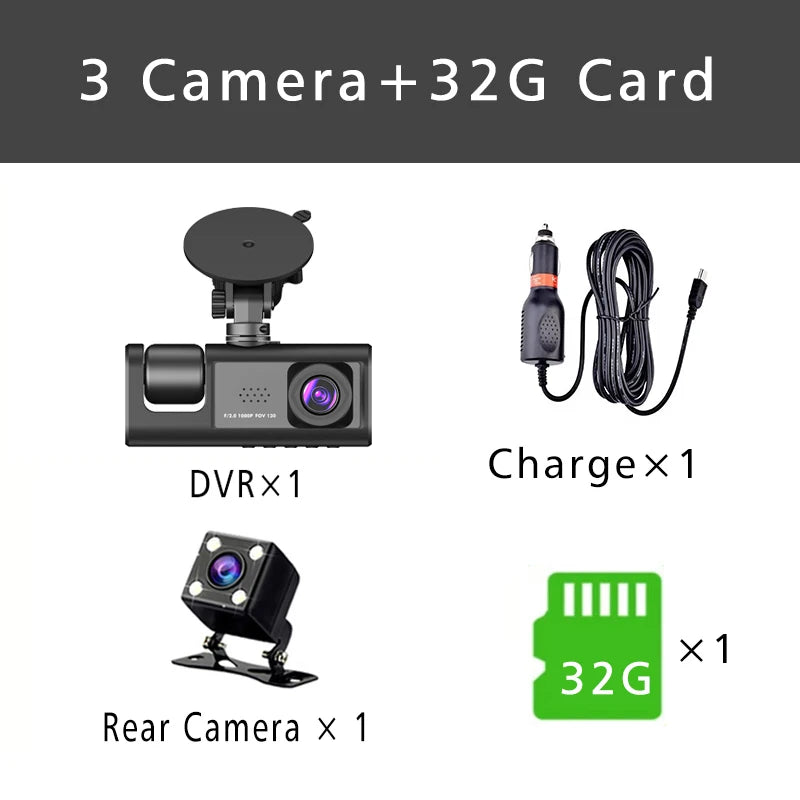Dashcam 3 Canaux HD 1080P Triple Lentille — DVR Véhicule Intérieur Enregistreur