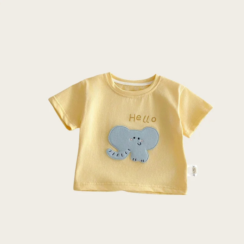 Nouvelle collection été 2026 : T-shirt décontracté à manches courtes pour enfants (0-5 ans) avec patchs de dessins animés mignons et imprimé lettres – Doux et confortable pour filles et garçons
