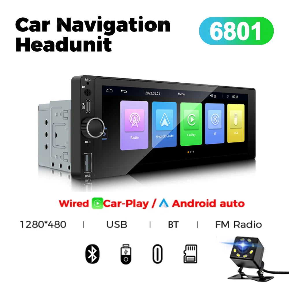 1DIN 6.86 inch Universal MP5 Car Radio Support Wireless Carplay Android AUTO AUX USB BT Touch Screen Multimedia Video Player