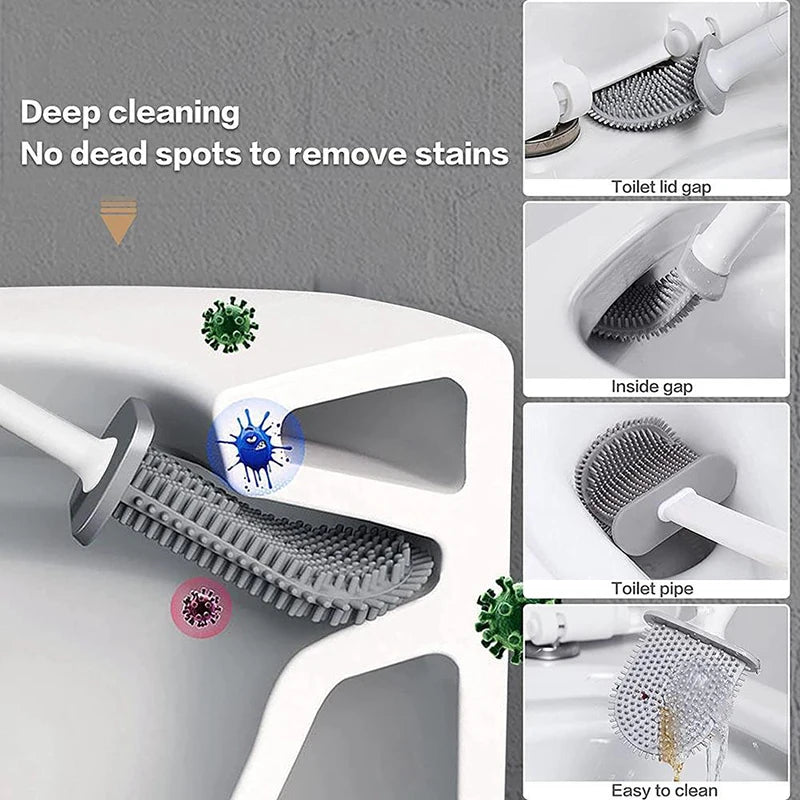 Brosse de toilette murale avec support, brosse de toilette en silicone à long manche, poils souples, accessoires pour livres et WC