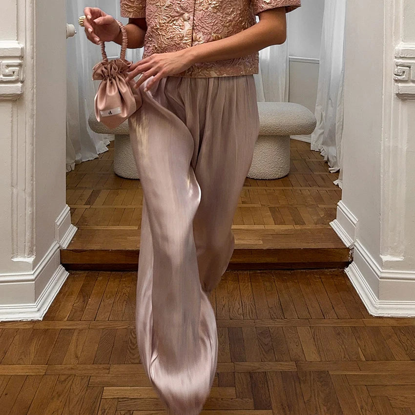Linad élégant rose crêpe ample Bloomers pour femme rue Chic plissé pantalon femme automne Vintage taille haute pantalons longs 2025