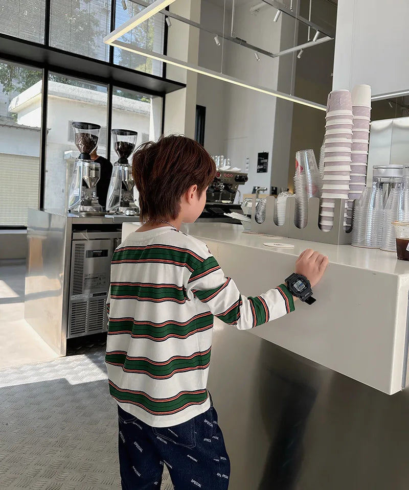 2025 automne enfants vêtements filles manches longues chemises à bascule Cool garçons rayure coton T-shirt adolescent ample décontracté 2-7y enfants haut