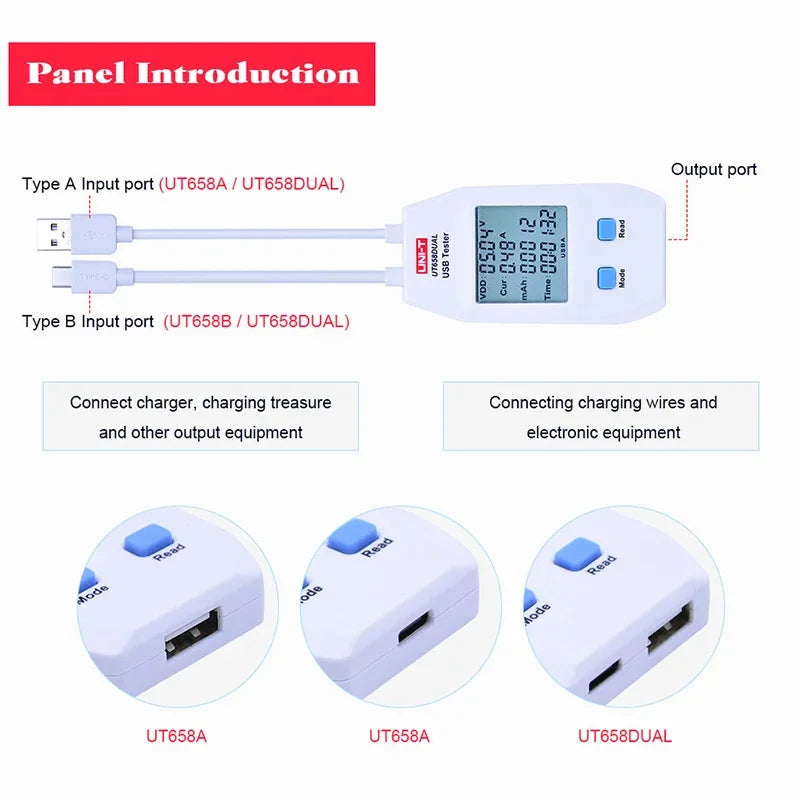 Testeur USB chargeur Type A/C — charge rapide, mesure courant, capacité, résistance, puissance