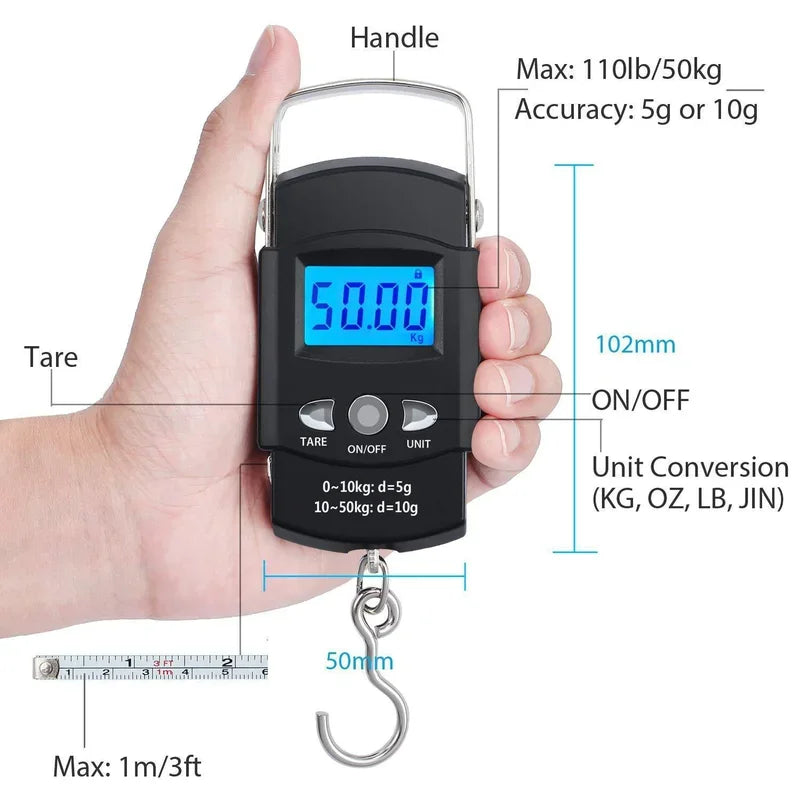 FLYSAND 110lb/50kg Balance électronique rétro-éclairé écran LCD avec ruban à mesurer Balance numérique pêche crochet suspendu Balance outil