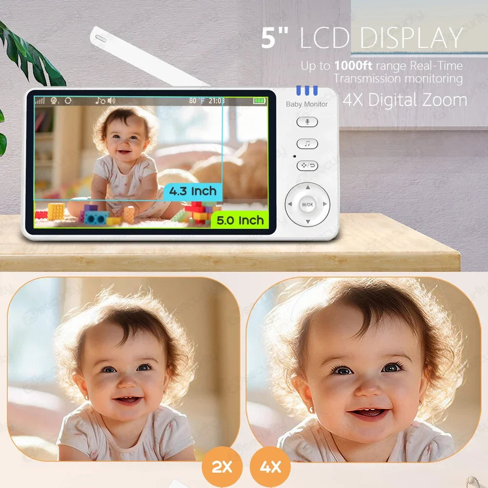 HD Wireless 5" Video Baby Monitor with Pan/Tilt Camera, Two-Way Audio, Night Vision, for Baby, Nanny, Babysitter