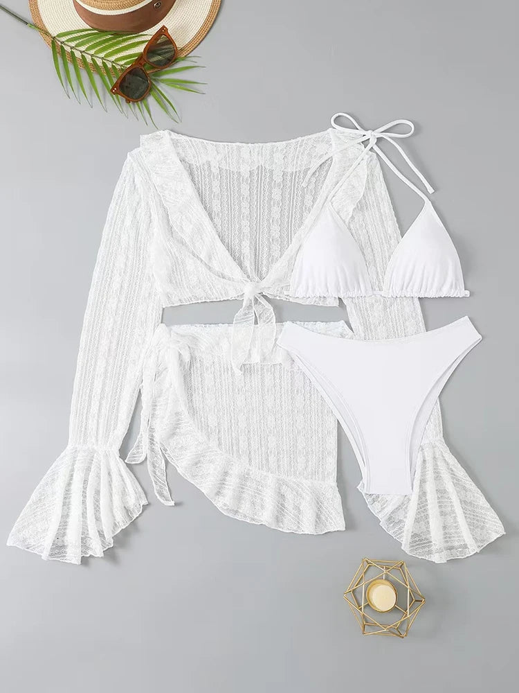 Maillot de bain sexy quatre pièces pour femme 2026, ensemble bikini uni à manches longues avec paréo, tenue de plage brésilienne pour l'été et les fêtes