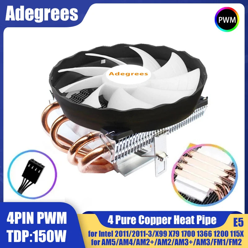Refroidisseur de processeur 4 caloducs, 3 broches/4 broches, 120MM, accessoires PC, ventilateur pour Intel LGA 1366 1150 1151 1155 1200 1700 2011 X79 X99 AM3 AM4 AM5