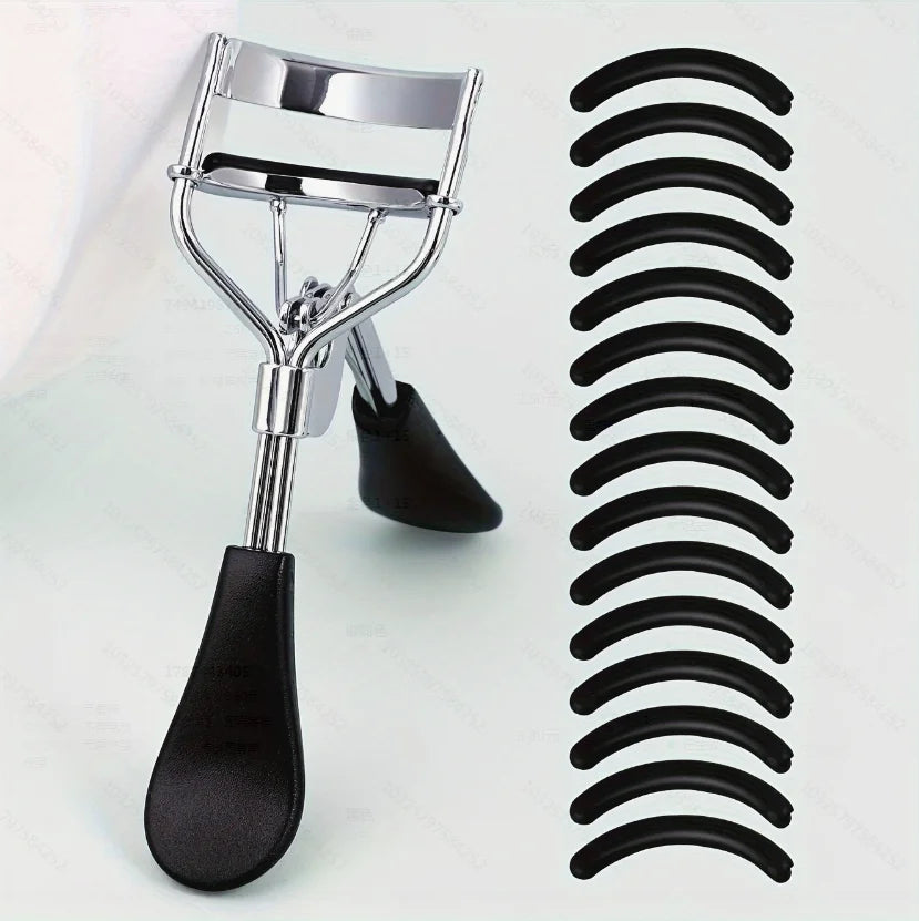 Rizador de pestañas portátil con 15 almohadillas de silicona y rizador de pestañas de acero inoxidable, utilizado para extensión de pestañas y herramientas de rizado