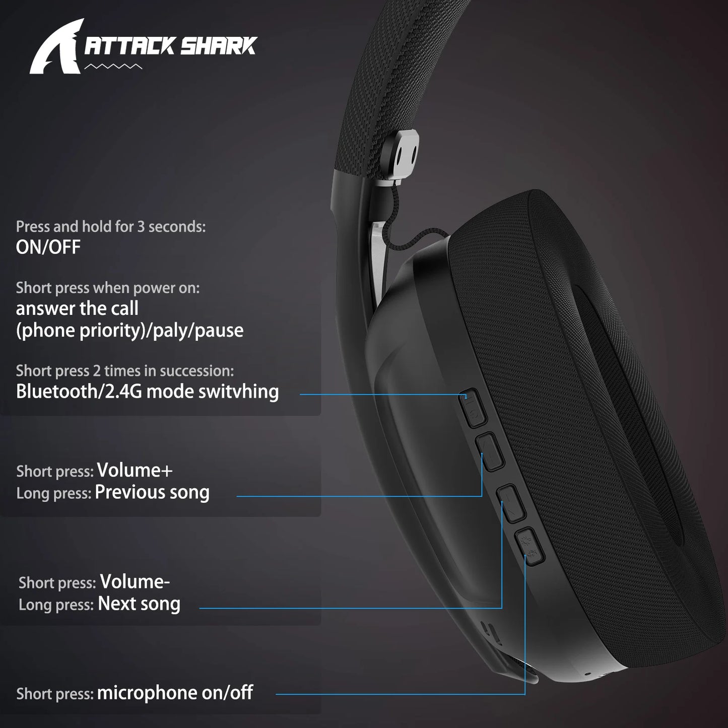 ATTACK SHARK L80 – Casque gaming ultra-léger 180g, Bluetooth/2.4G/filaire, son stéréo 5.1 canaux