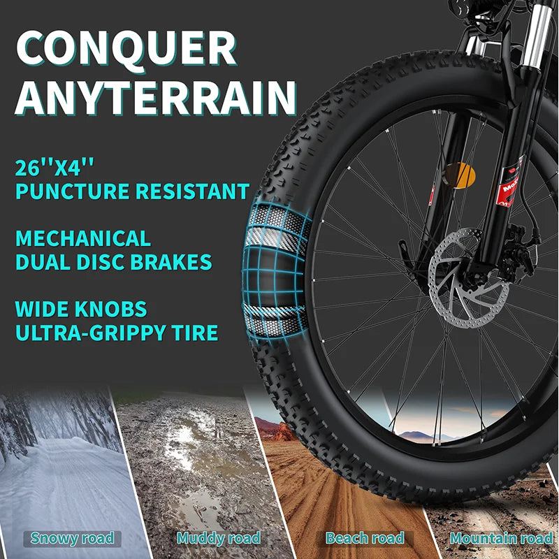 Vélo Électrique 1500W 48V 15AH — 26 Pouces Gros Pneu Neige E-Bike Batterie Lithium