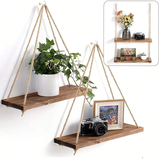 Étagère murale flottante en corde de chanvre avec balançoire en bois – Décoration jardin et salon