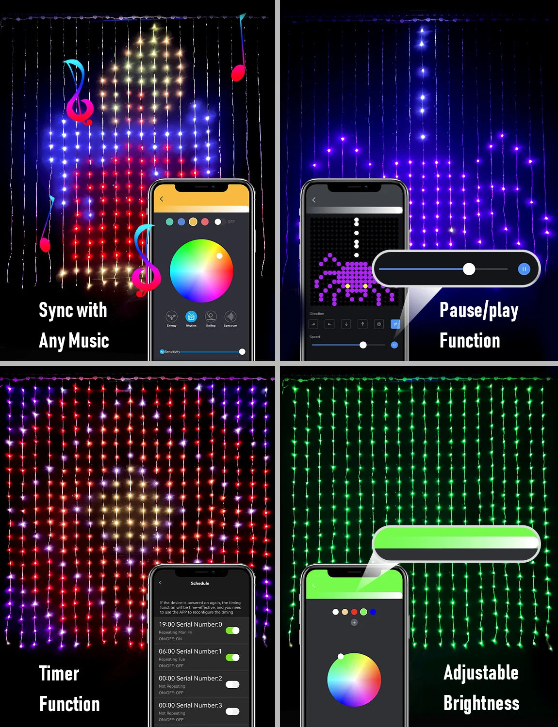 Rideau lumineux Led intelligent, guirlande du nouvel an, guirlande lumineuse féerique RGB, affichage du changement de musique, pour fenêtre, décoration de salle de noël