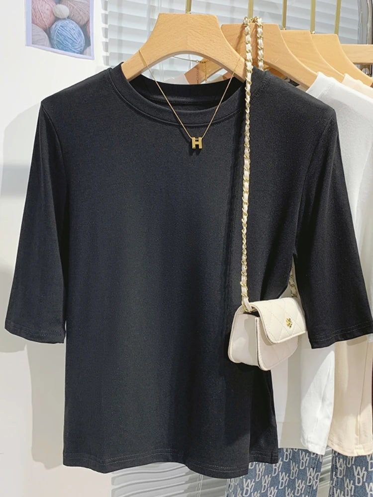 T-shirt femme 100% coton basique — col rond, tendance, uni, manches courtes, été 2026