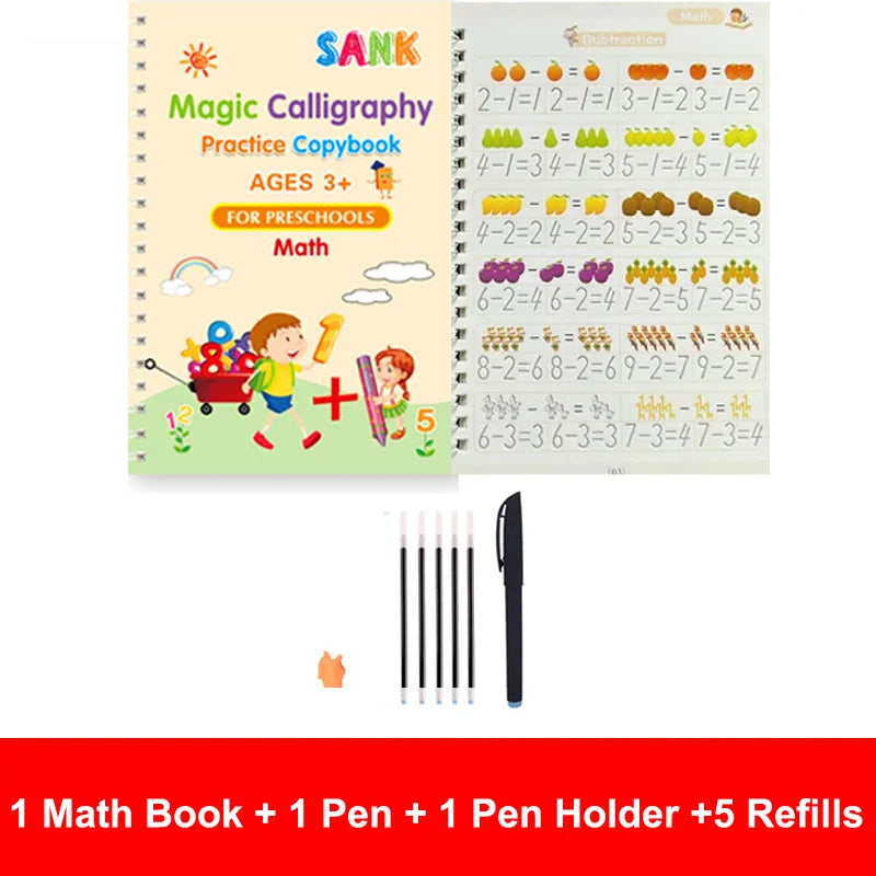 Cahier de pratique magique pour enfants — stylo, calligraphie, écriture réutilisable, préscolaire