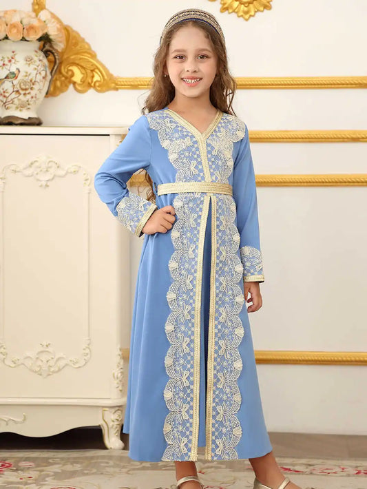 Vestido de encaje étnico de Oriente Medio marroquí para niñas musulmanas de Dubái, disfraz de Festival de Ramadán para boda islámica