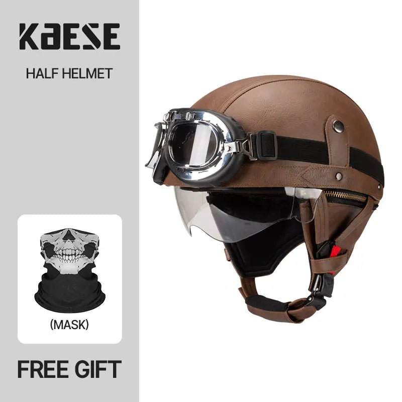 Casque Moto Demi-Visage Vintage DOT — Homme Femme Scooter Été Noir Marron