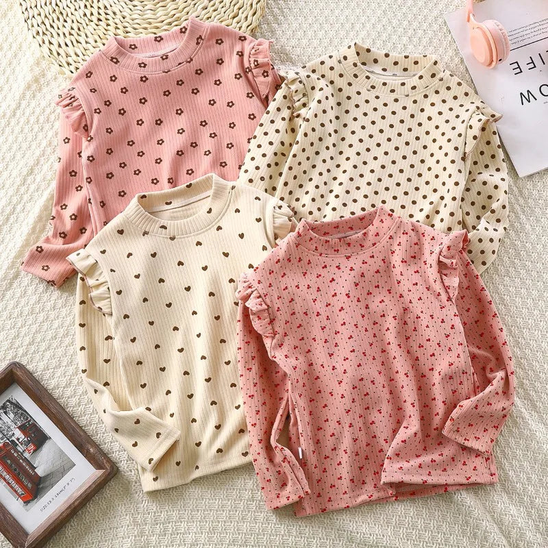 Maillot de corps à manches longues pour enfants, joli t-shirt à pois floraux, chemise en Y douce pour enfants, garçons et filles, 2-10T
