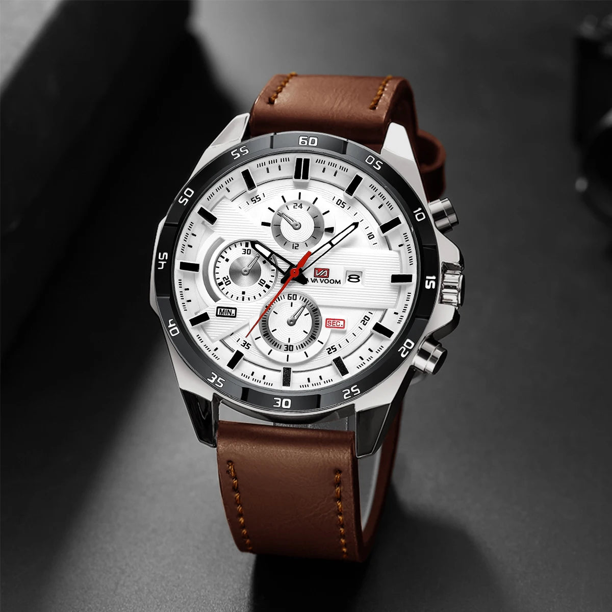 Montres de sport pour hommes, série de course de mode, 46mm, horloge en cuir noir VA VA VOOM, mouvement à Quartz 3Bar, montre-bracelet étanche pour hommes