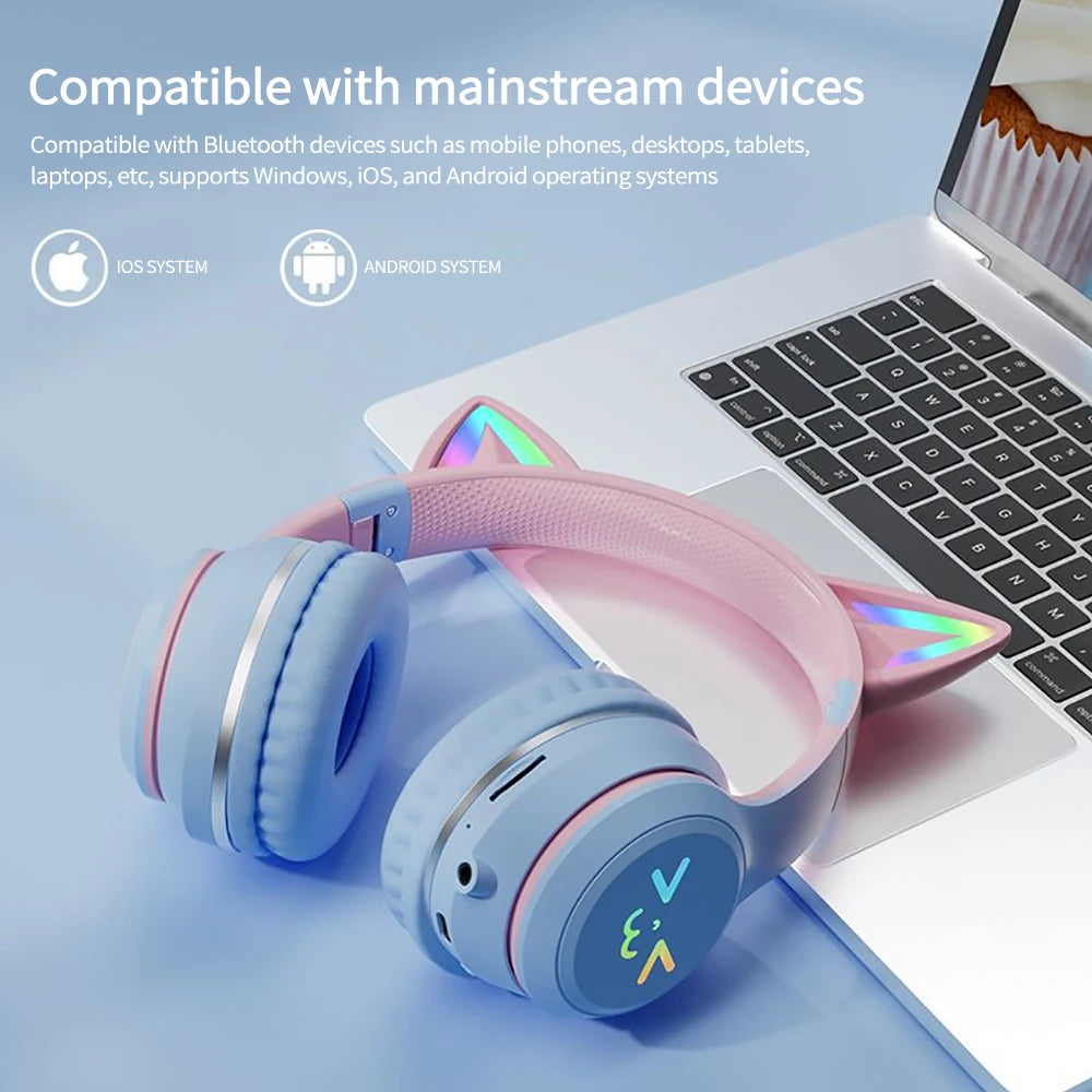 Auriculares inalámbricos degradados RGB, orejas de gato bonitas, Bluetooth, con micrófono, estéreo, para juegos de música, regalos para niñas y niños