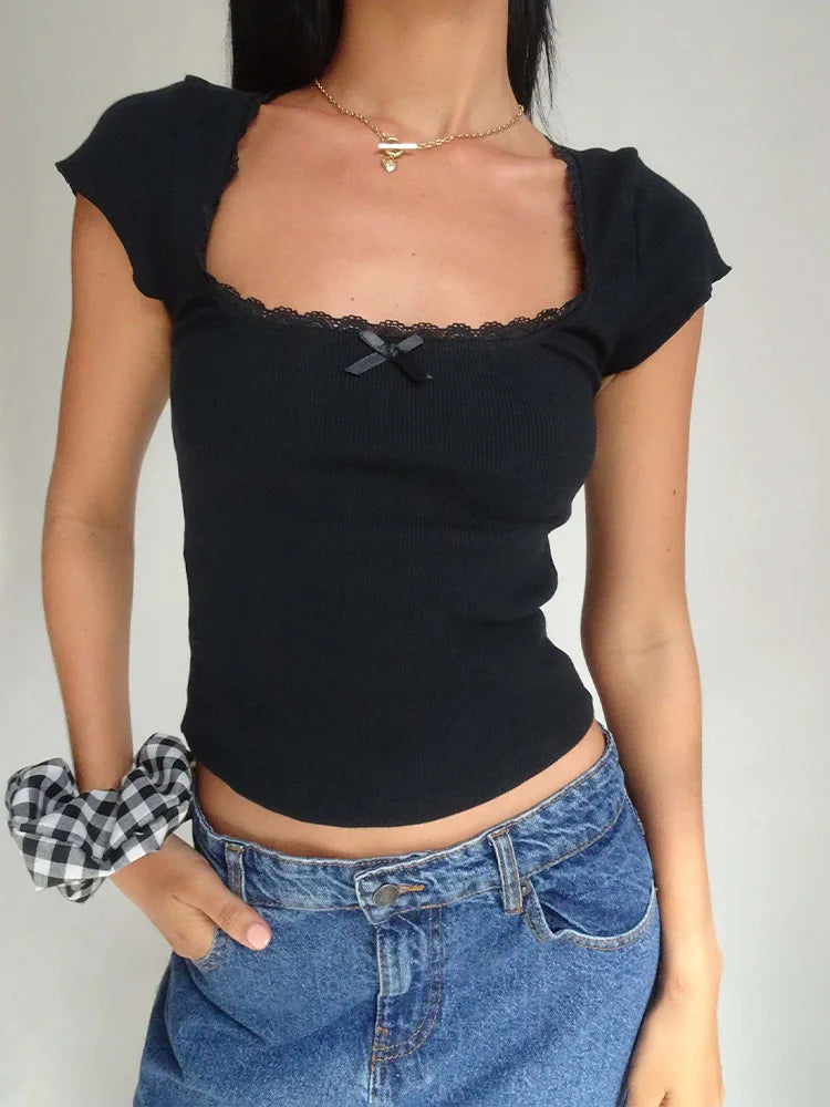 Y2K Vintage Baby T-Shirt Cottagecore Lace Trim Knitted T-Shirt Summer Square Neck Short Sleeve T-Shirt Women White Milkmaid Crop Top