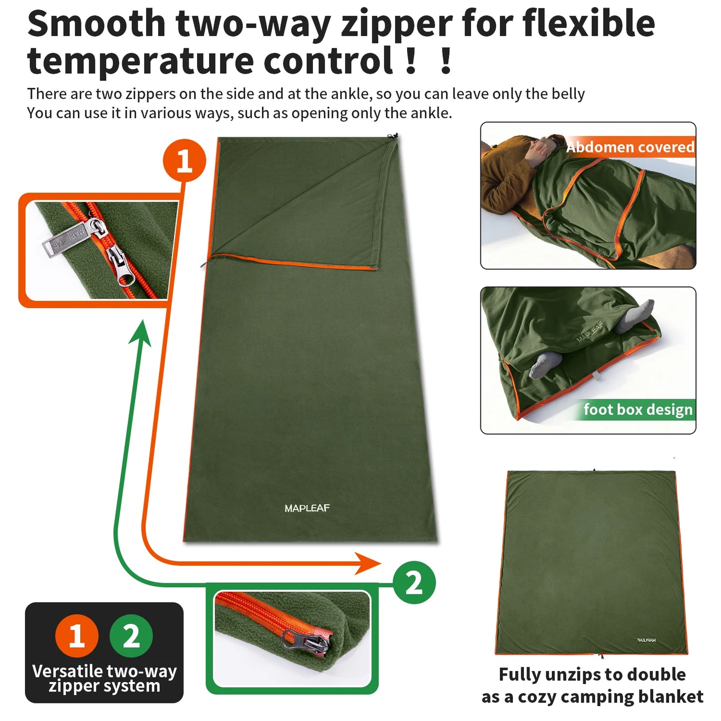 MAPLEAF Doublure de sac de couchage en polaire légère pour l'hiver, drap de sac de couchage, drap de voyage et de camping, doublure de couverture de camping