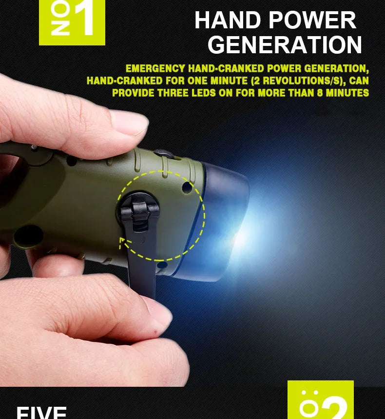 Lampe de poche LED à manivelle, équipement de survie Rechargeable à énergie solaire, torche de charge auto-alimentée, Dynamo pour pêche, bateau, randonnée