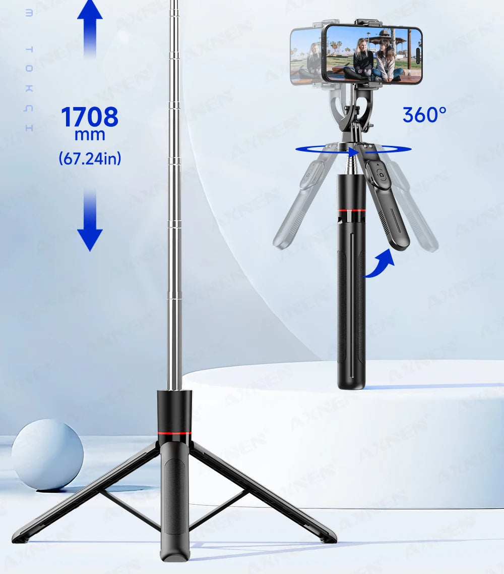 Perche à selfie trépied 1708mm avec télécommande Bluetooth — rotation 360°, interface 1/4", lumière optionnelle