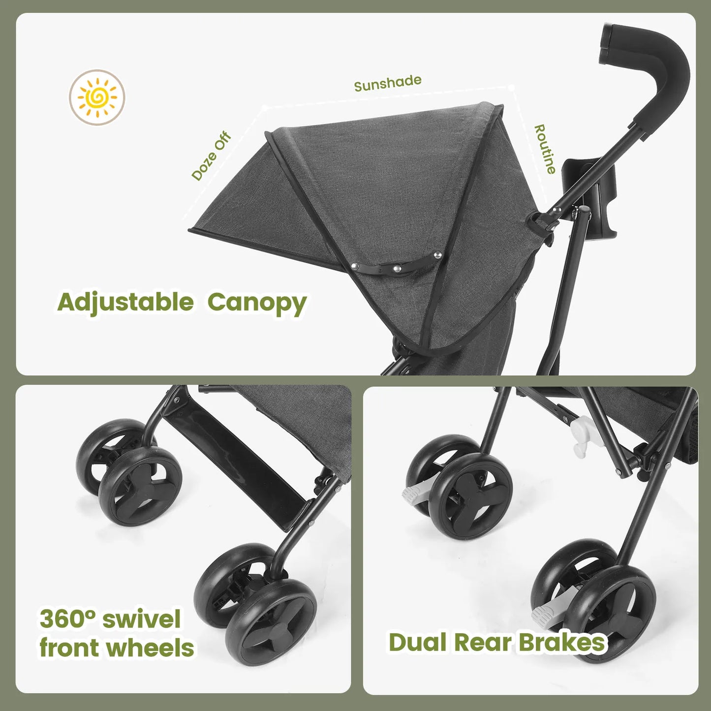Cochecito de bebé plegable ligero de gran visión, puede sentarse o acostarse, cochecito de viaje portátil con amortiguación en las cuatro ruedas