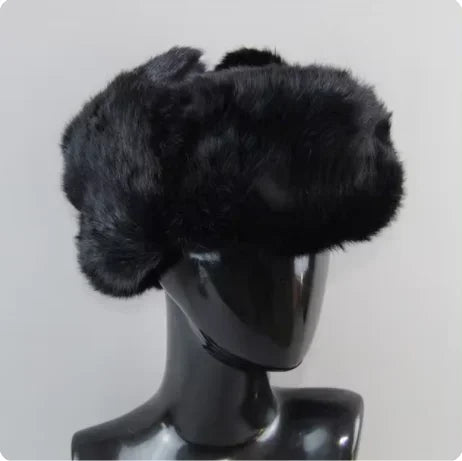 Men's Rabbit Fur Hat Winter Genuine 100% Fur Bomber Hat Warm Windproof Earmuffs Male Flat Grey/Black Russian Fitted Cap