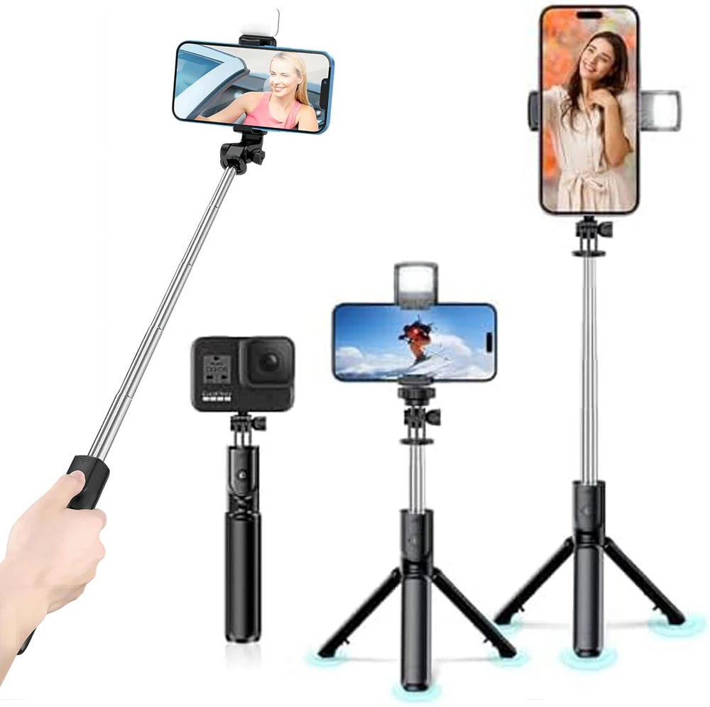 3-in-1 Bluetooth Wireless Selfie Stick Tripod, with Fill Light Shutter Remote Control, Portable Foldable Monopod for iPhone Smartphone