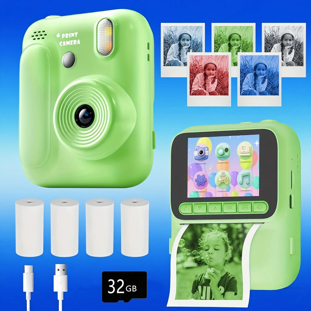 Instant Camera for Kids, Color Printing, 32GB, 1080P, Thermal Print Toy, Photo, Video Games, Music, Children's Gift