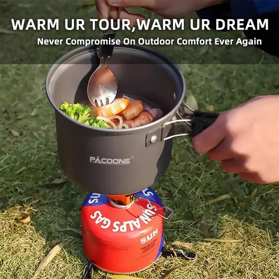 PACOONE – ensemble d'ustensiles de cuisine de Camping, Kit d'ustensiles de cuisine portables, Pot d'extérieur, bouilloire à eau, ensemble de casseroles, vaisselle, équipement de pique-nique de randonnée