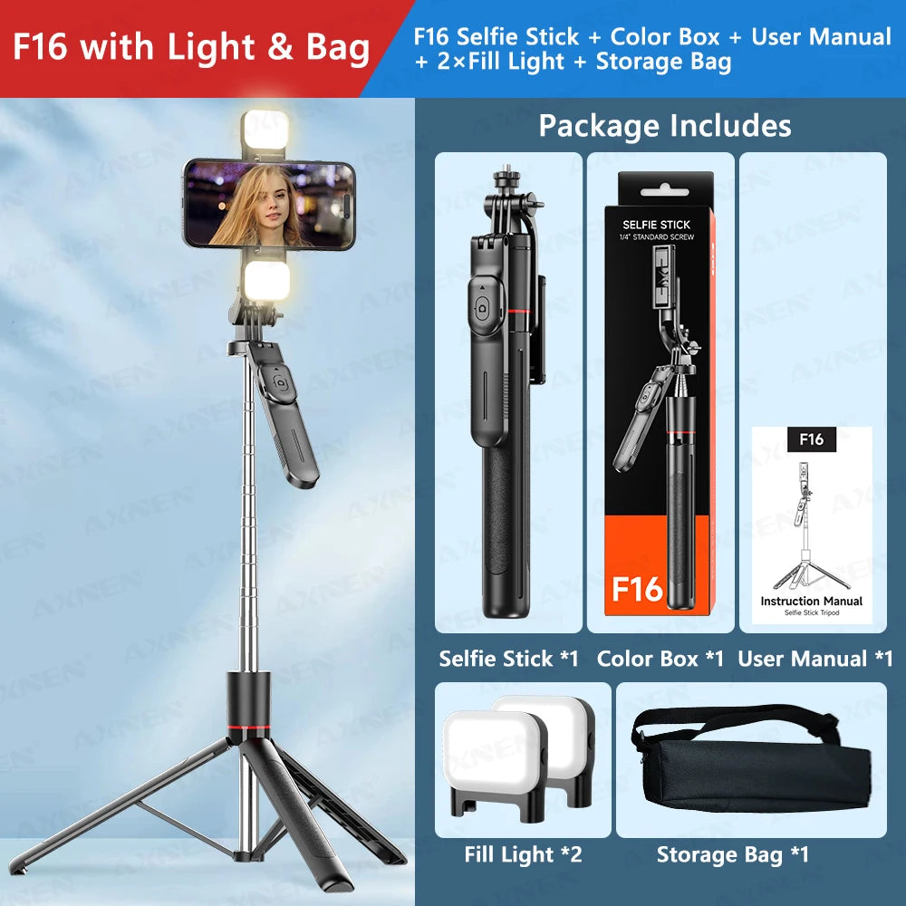 Perche à selfie trépied 1708mm avec télécommande Bluetooth — rotation 360°, interface 1/4", lumière optionnelle