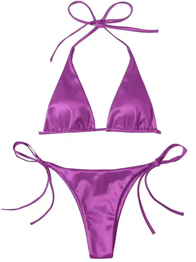 Licou brésilien métallique Satin Bikini femmes maillots de bain femme maillot de bain deux pièces Bikini ensemble coupe haute maillot de bain maillots de bain