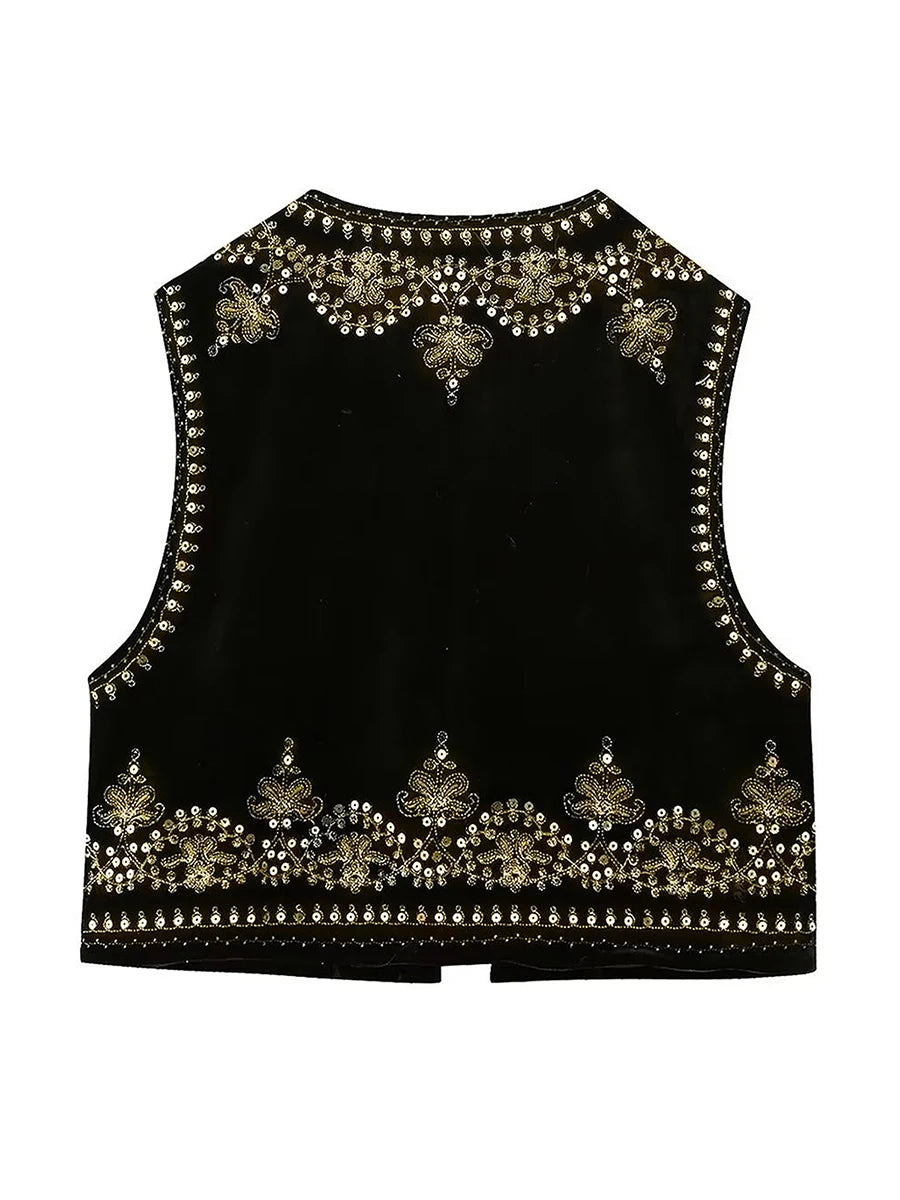 Gilet brodé noir Vintage à motif Floral pour femmes, sans manches, ouvert sur le devant, court polyvalent, vêtements d'extérieur y2k, Cardigan Boho court