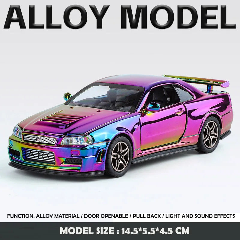 Nissan Skyline GTR-R34 - 1:32 Diecast Galvanized Sport Car Model with Sound and Light, Toy Vehicle Gift for Boys, Miniature Car