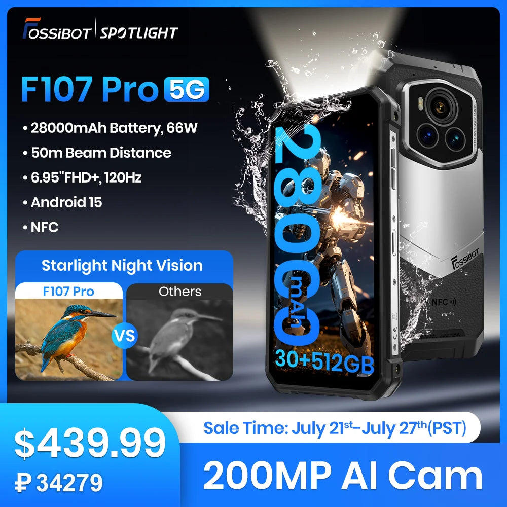 Smartphone robuste 5G — 30 Go + 512 Go, 6.95" FHD+, Android 15, 28000 mAh, charge 66W, vision nocturne