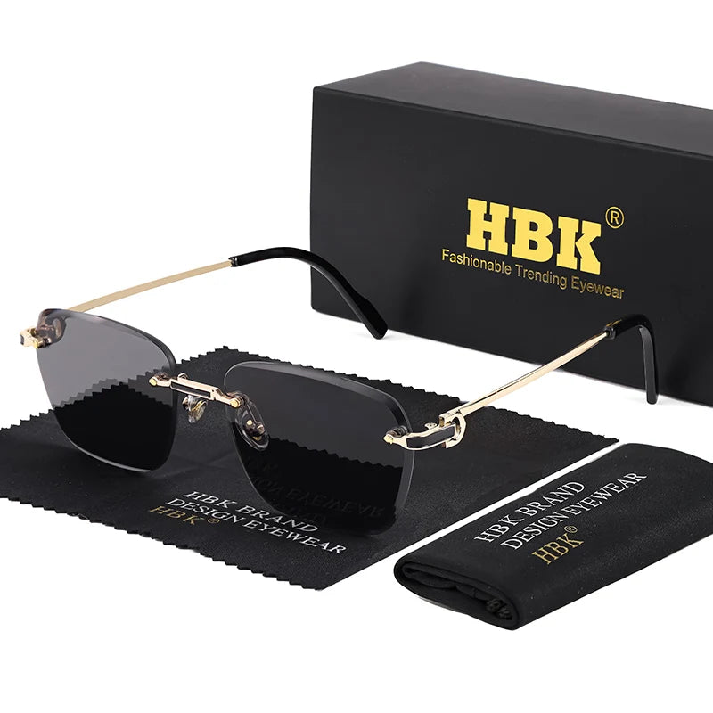 HBK Nueva montura sin montura Gafas de sol Hombre Gafas de sol degradadas Mujer Retro Negocios Compras UV400 Gafas de sol Hombre