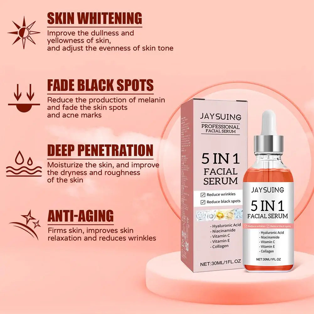 Sérum Visage Raffermissant 5 en 1 — Vitamine C, Acide Hyaluronique & Éclaircissant