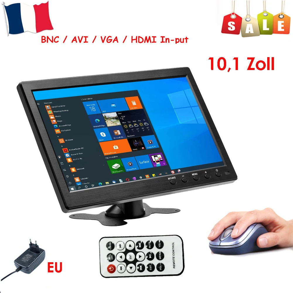 Podofo Monitor de coche LCD HD de 10.1" 1024*600, mini TV, monitor LCD de pantalla digital con HDMI/VGA/AV/USB/SD/TV/reproductor de DVD para vigilancia