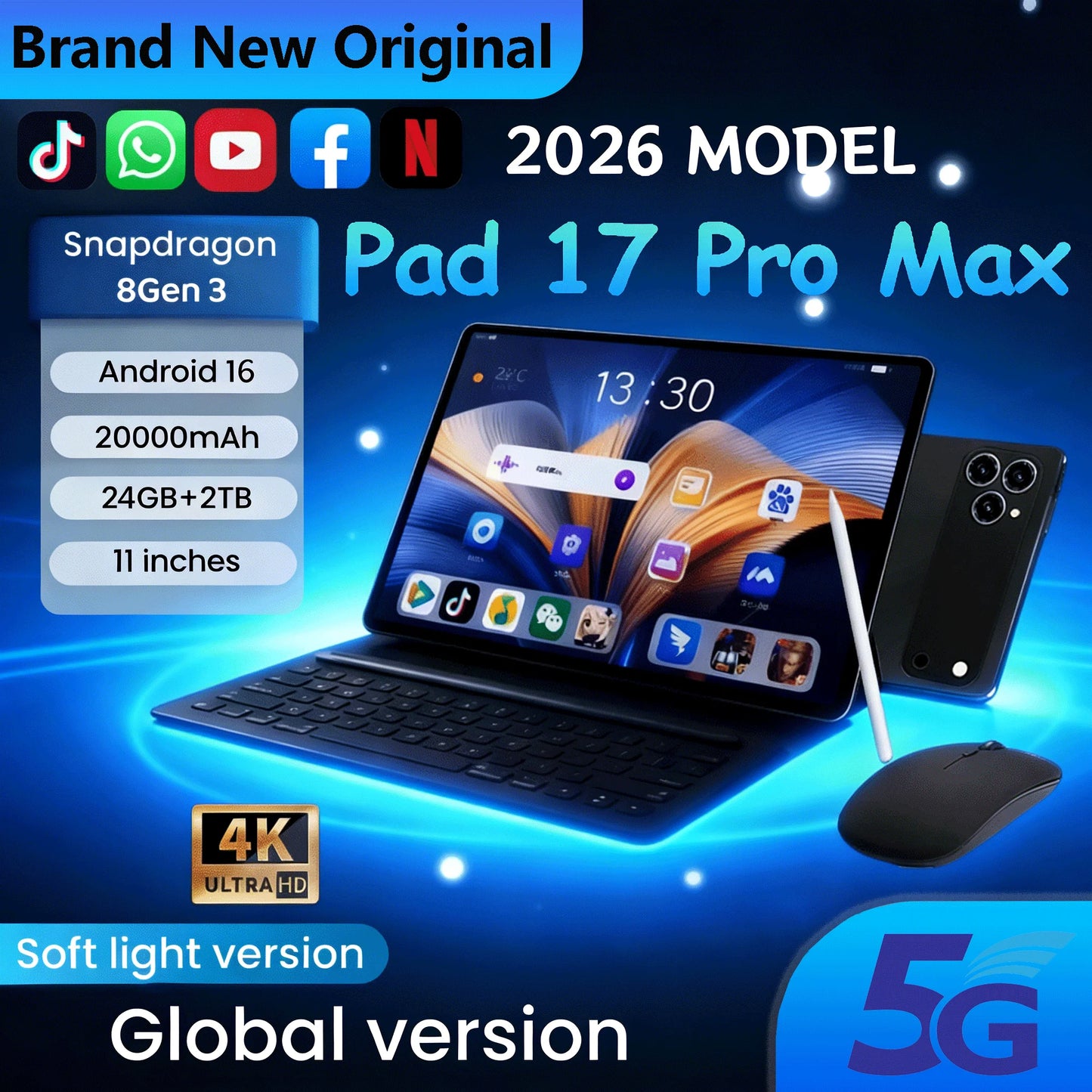Nueva tableta original edición global 2026 Android 16 Pad 17 Pro Max 24 GB + 2 TB, tableta 5G con doble tarjeta SIM WIFI HD 4K, mini tablet PC