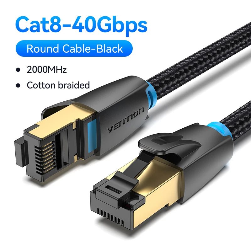 Vention Cable Ethernet CAT8 40Gbps 2000MHz CAT 8 Red trenzado de algodón Cable de Internet Lan para laptops PS 5 Router Cable RJ45