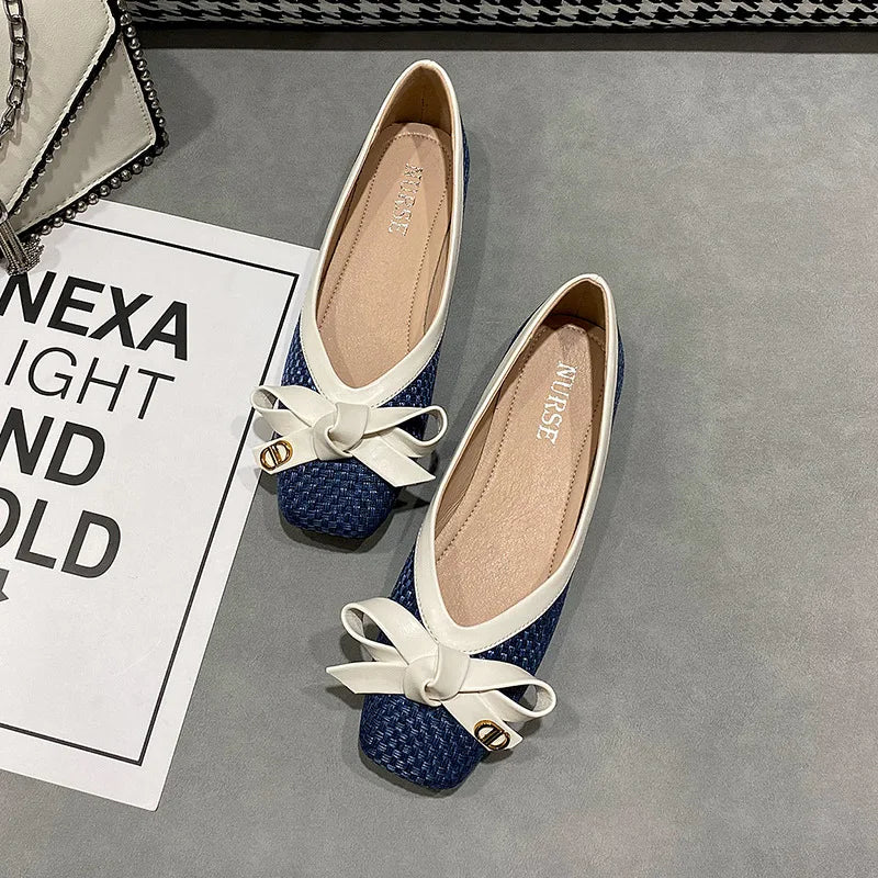 Women's shoes 2025 new woven knot square toe women's ballet flats soft sole large size women's fashion shoes Chaussure Femme