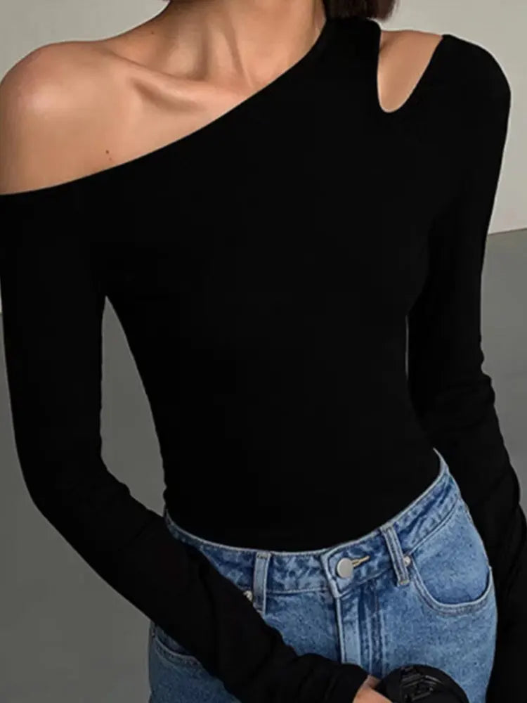 T-Shirt Épaules Dénudées Col Incliné Femme — Manches Longues Haut Court Sexy