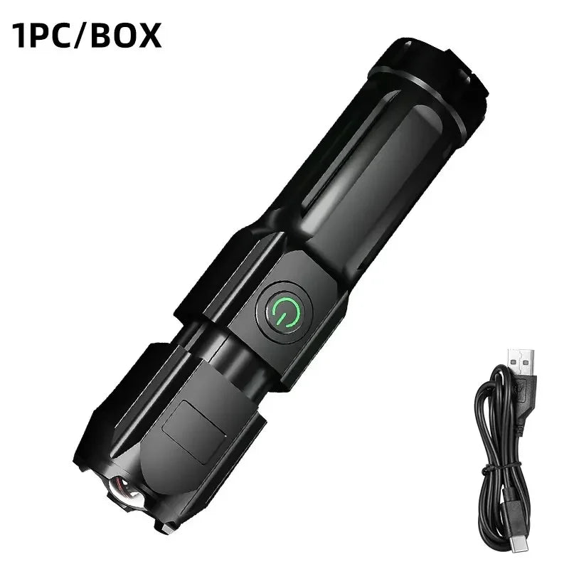 Linterna LED potente, recargable por USB, batería de litio integrada, resistente al agua, con zoom, para pesca, caza, camping, linterna táctica